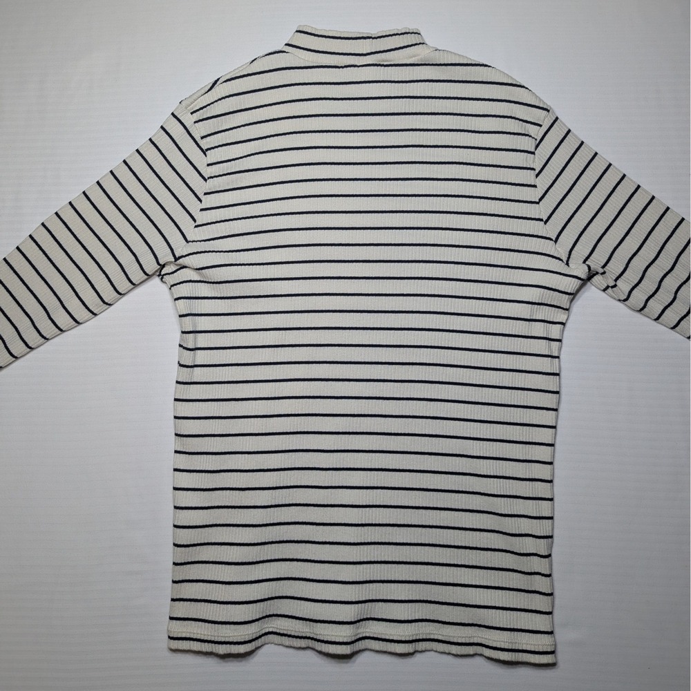 Uniqlo Women L Ribbed Mock Neck Striped Long Sleeve Cotton Shirt Cream Navy